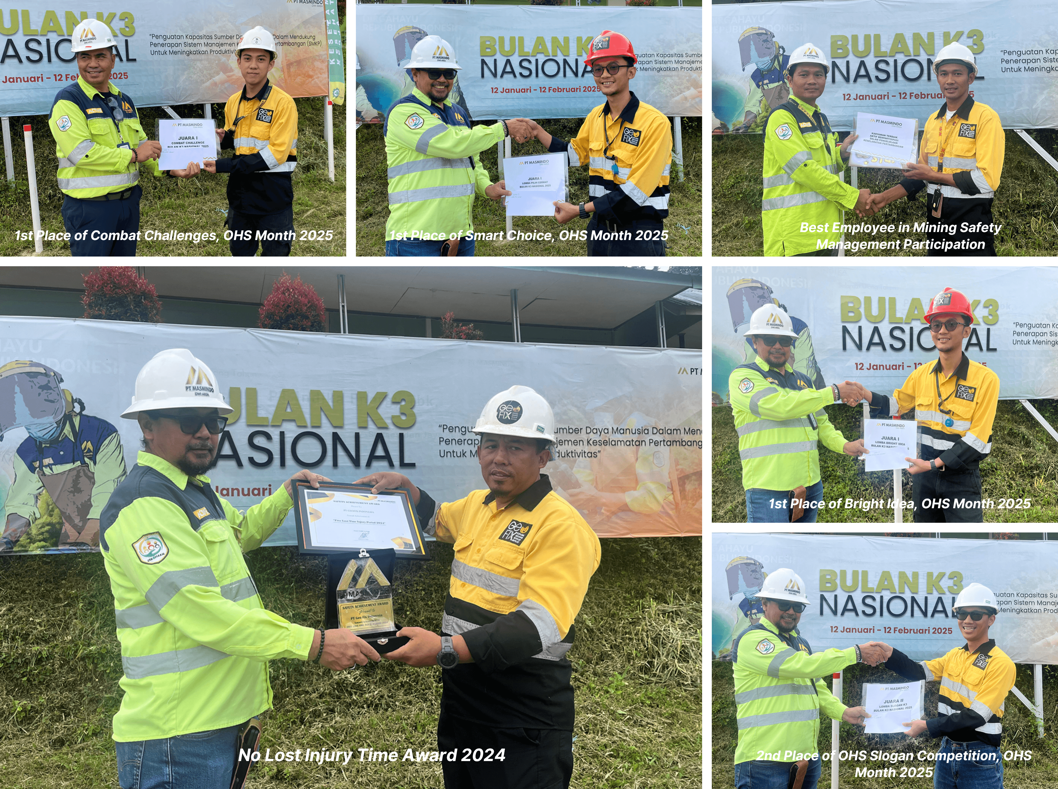 On February 12, 2025, the PT Geo Fix Indonesia – Awakmas Site team proudly celebrated the closing of National Occupational Health and Safety (OHS) Month 2025 with exceptional accomplishments in maintaining occupational health and safety in the mining environment.
We are proud of the awards we received:
🥇 No LTI Award 2024
🥇 Best Employee in Mining Safety Management Participation
🥇 1st Place of Bright Idea OHS Month 2025
🥇 1st Place of Smart Choice OHS Month 2025
🥇 1st Place of Combat Challenges OHS Month 2025
🥈 2nd Place of OHS Slogan Competition OHS Month 2025.
These achievements are a testament to our commitment to safety, health, and productivity in the workplace.
A big thank you to the entire team for their contributions, and to the management and stakeholders for their support.
Let's keep fostering a strong OHS culture and strive for zero harm in all our operations!